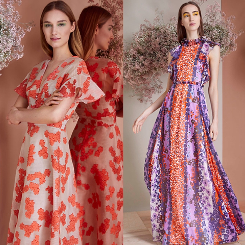 ○$5,000 LELA ROSE RED PURPLE FLORAL SILK RUNWAY GOWN S